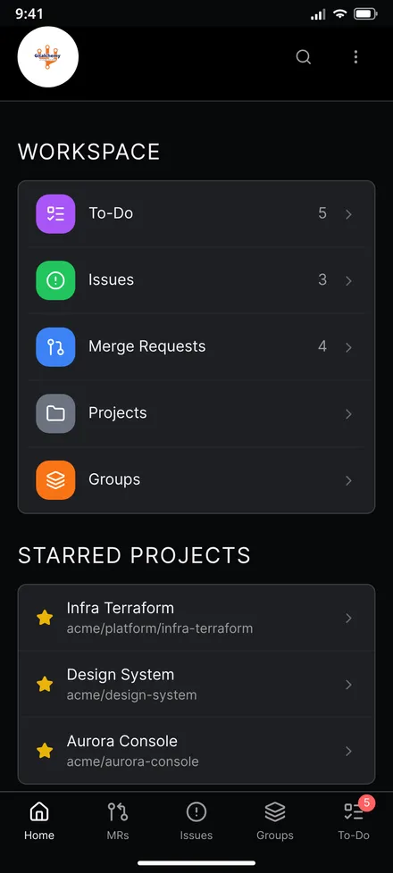 GitAlchemy home screen on Android with shortcuts to To-Do, Issues, Merge Requests, Projects and Groups