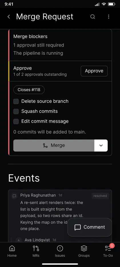 Merge readiness panel with blockers and an Approve button