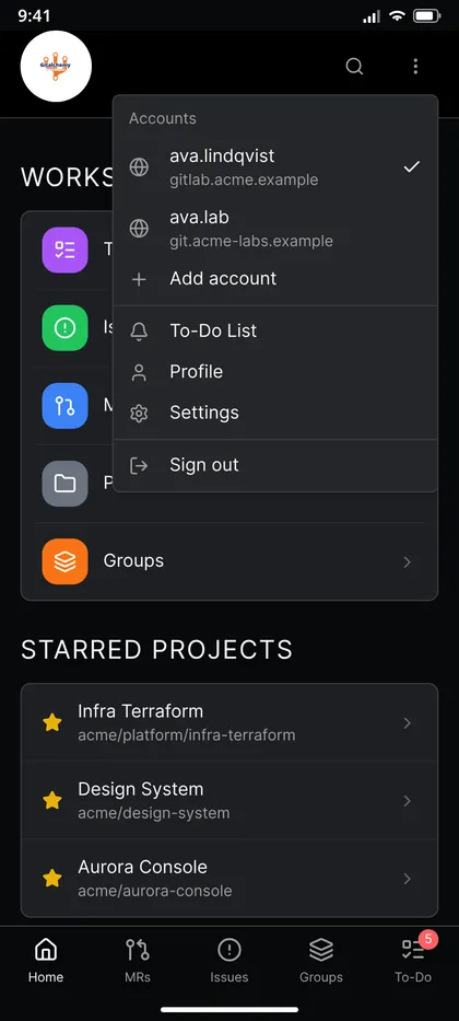 Account switcher with two accounts and an Add account action
