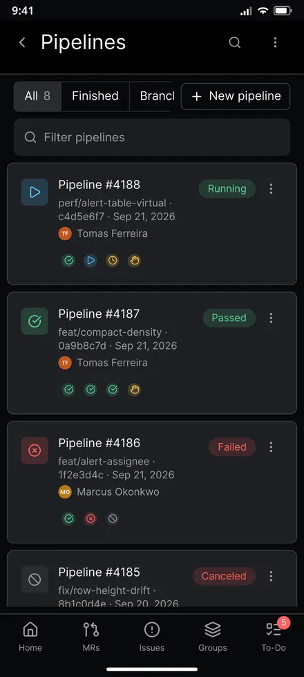 Pipelines list in GitAlchemy showing running, passed, failed and canceled pipelines