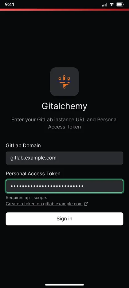 Sign in screen asking for a GitLab domain and a personal access token