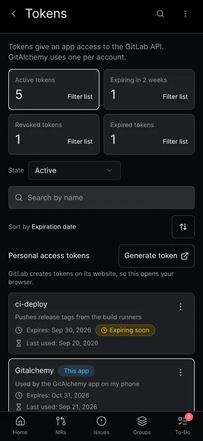 Token list with counters for active, expiring, revoked and expired tokens